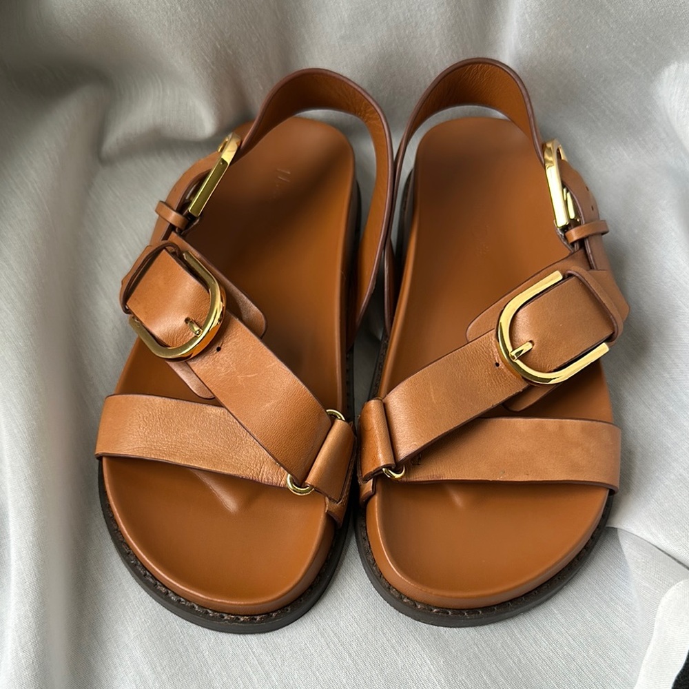 Massimo Dutti Brown Leather Sandals with Gold Buckles
